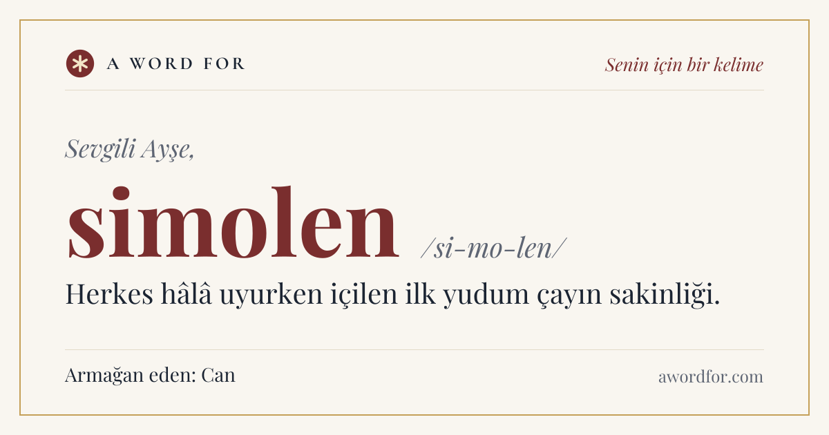 Örnek hediye kartı: "Sevgili Ayşe," başlığı altında simolen kelimesi ve anlamı, altta "Armağan eden: Can".